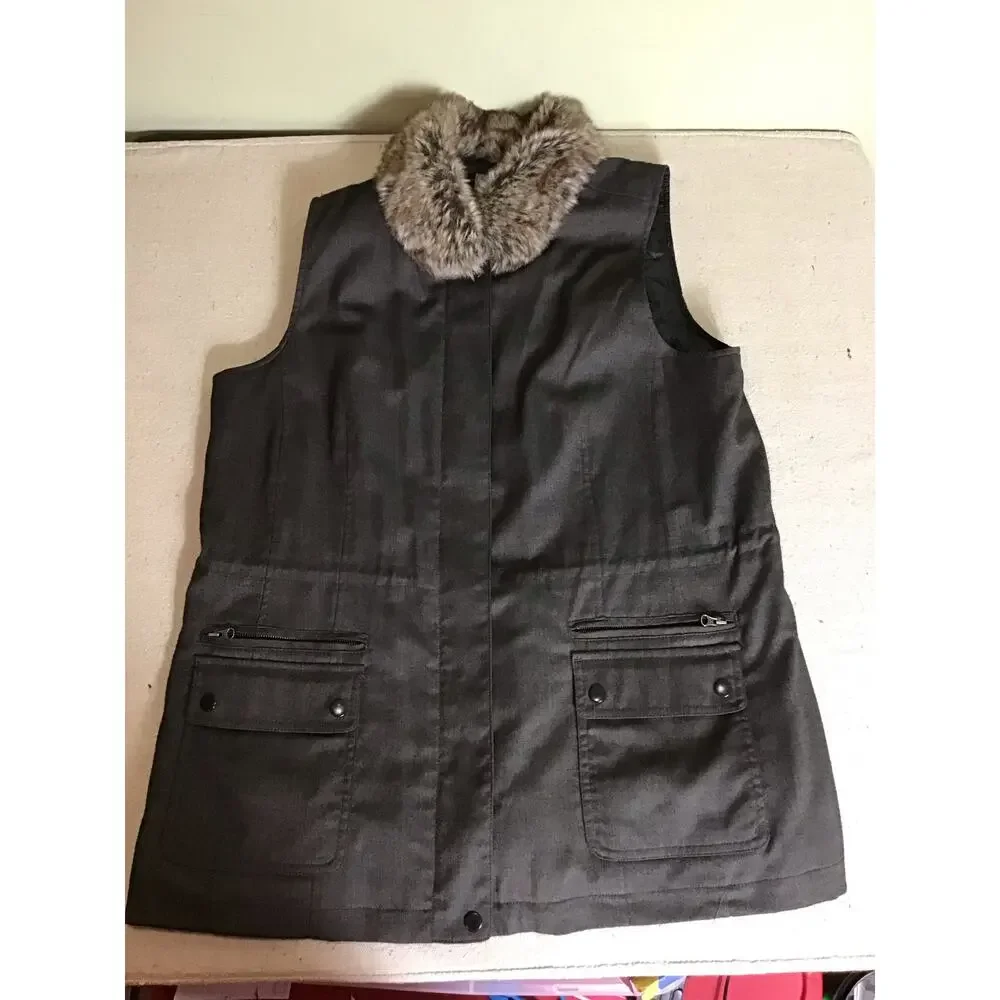 J Jill Women Vest with Fur Trim Collar Sz. Lrg Brown EUC Winter layering piece